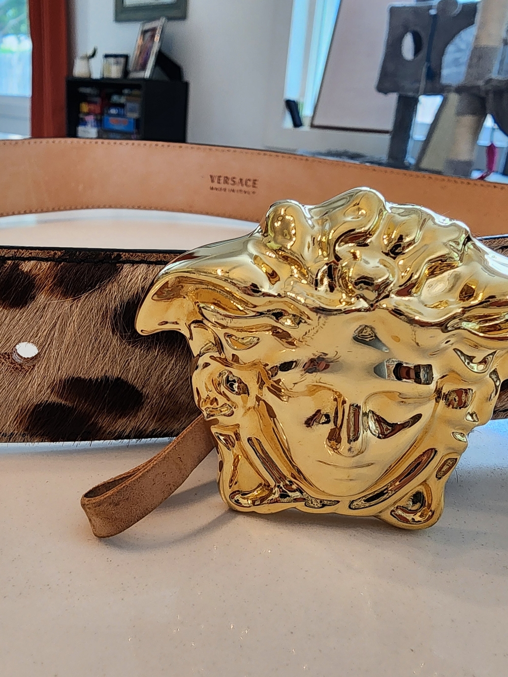 Versace Gold Medusa Buckle Leopard Print Belt